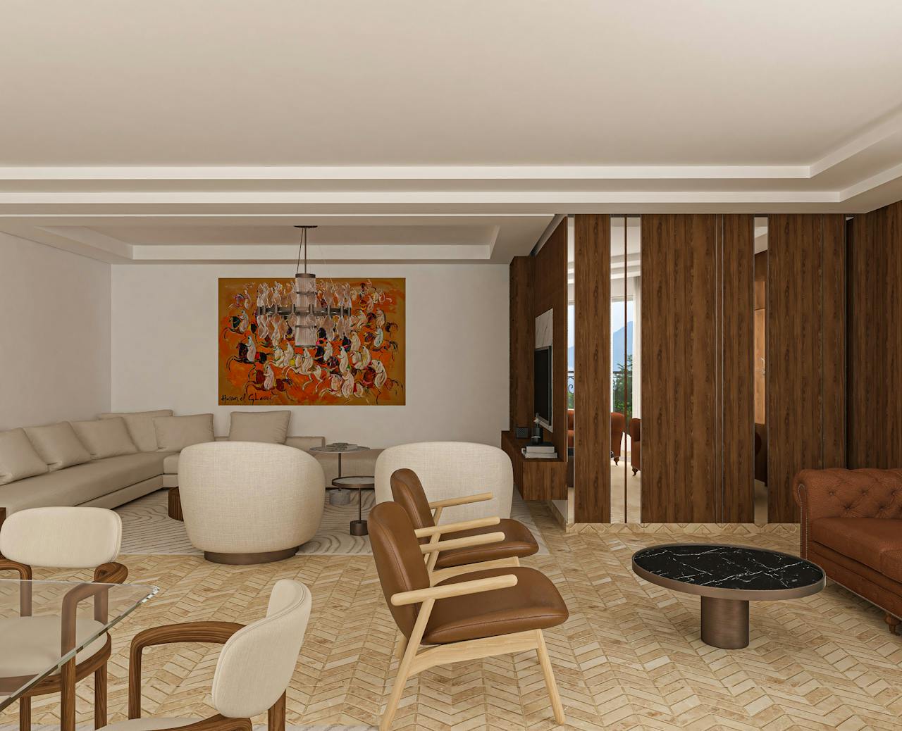 Spacious living room with modern decor and luxurious furnishings in a Casablanca hotel.